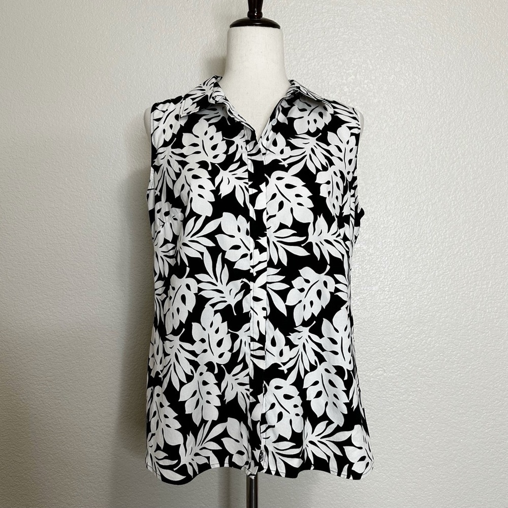 Talbots Wrinkle Resistant Black White Leaf Button Down Polo Shirt, Size 10